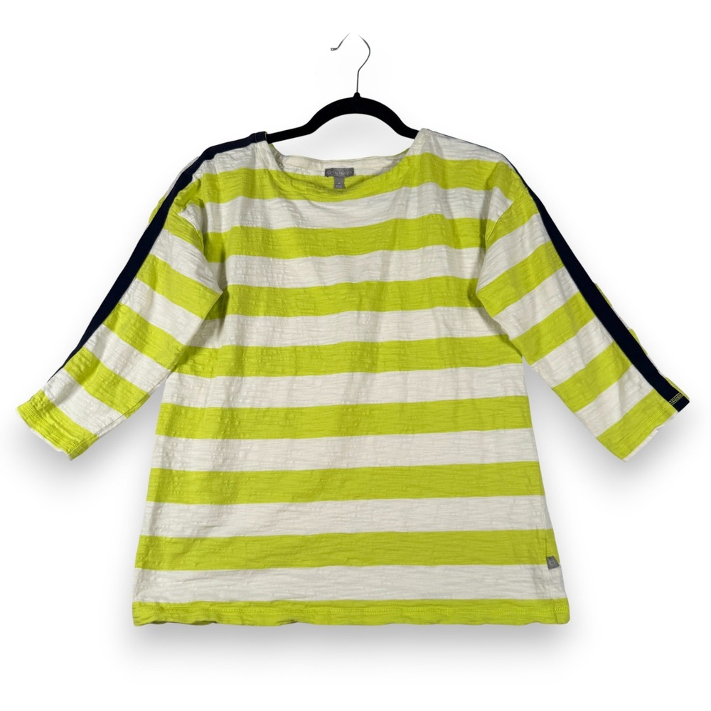 T‎ by Talbots Striped 3/4 Sleeve Boat Neck Top Green White Women Medium - Picture 2 of 6